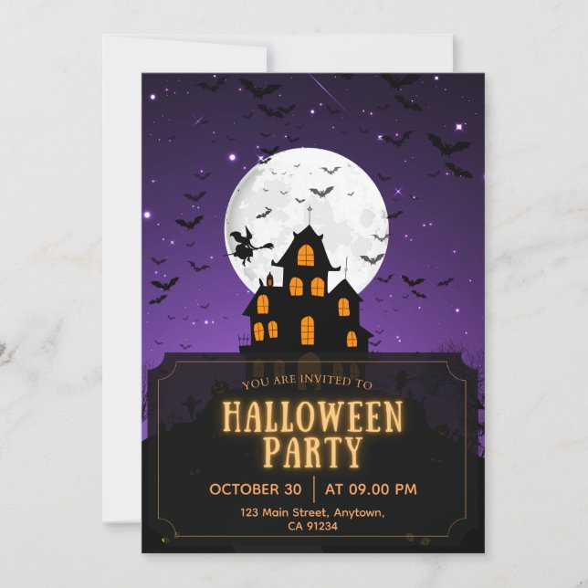 Lila und orangefarbenes Halloween-Party Einladung (Vorderseite)