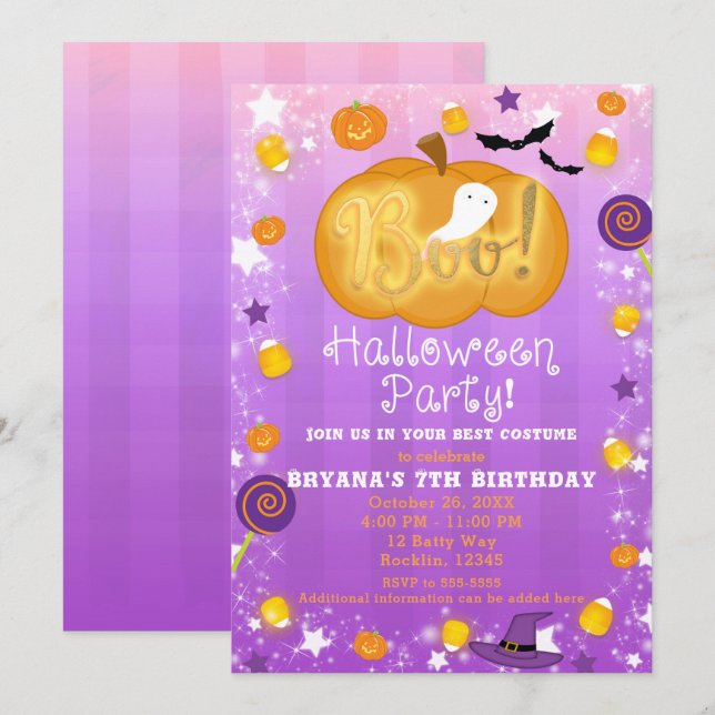 Lila und orangefarbenes Halloween-Party Einladung (Vorne/Hinten)