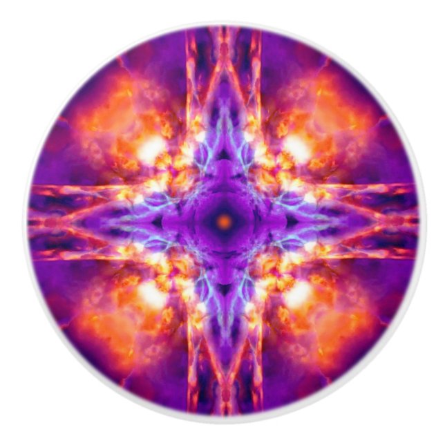 Lila und orangefarbenes Kaleidoskreuz Keramikknauf (Vorderseite)