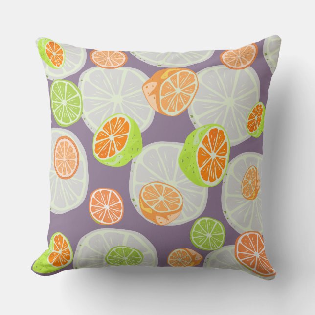 Lila und orangefarbenes Zitronenmuster Kissen (Vorderseite)