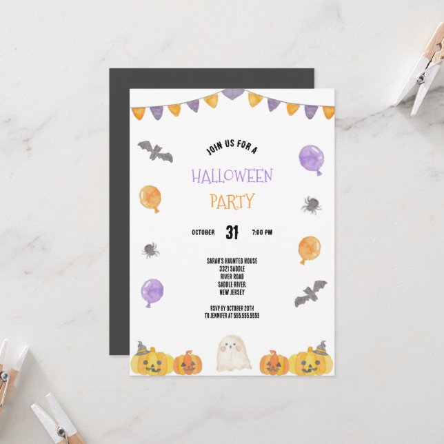 LILA UND ORANTES WASSERFARBHALLOWEEN-PARTY EINLADUNG (Vorderseite/Rückseite Beispiel)