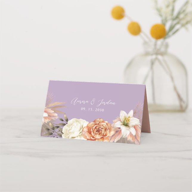 Lila und Peach Floral Wedding Platzkarte (Rückseite)