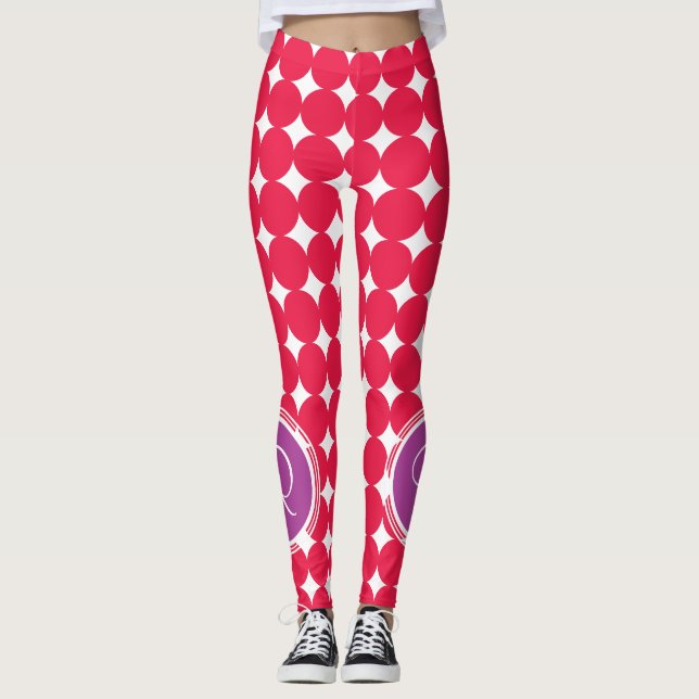Lila und Red Polka Dot Monogramm Leggings (Vorderseite)