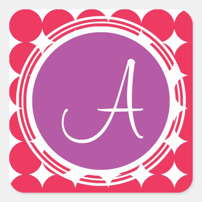 Lila und Red Polka Dot Monogramm Quadratischer Aufkleber (Vorderseite)