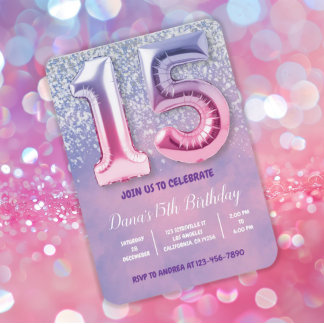 Lila und rosa 15. Geburtstagsballon Einladung