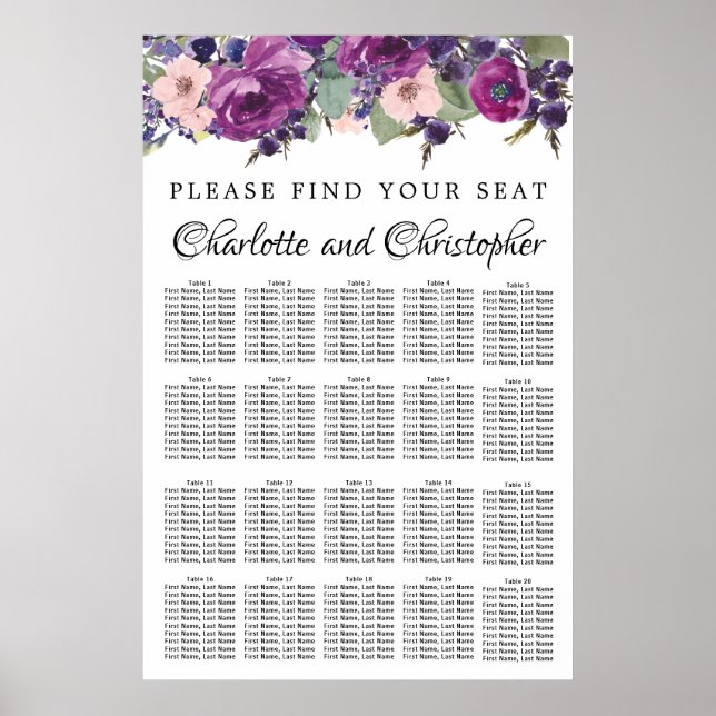 Lila und rosa 20-Tisch-Hochzeitstabelle Poster (Vorne)
