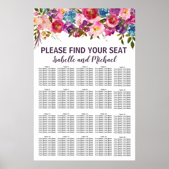Lila und rosa 20-Tisch-Hochzeitstabelle Poster (Vorne)