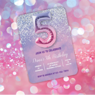 Lila und rosa 5. Geburtstagsballon Einladung