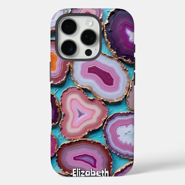 Lila und rosa Agate Slices mit Gold iPhone 16 Pro Hülle (Rückseite)