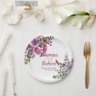 Lila und rosa Aquarell Aubergine Hochzeitspapier Pappteller