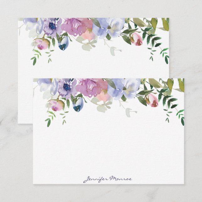 Lila und rosa Aquarellblumen personalisiert Mitteilungskarte (Vorne/Hinten)