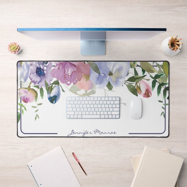 Lila und rosa Aquarellblumen personalisiert Schreibtischunterlage (Büro 1)