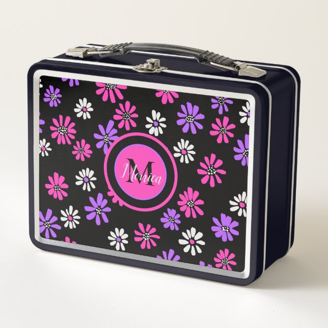 Lila und rosa Blume Monogramm Metall Brotdose (Vorderseite)