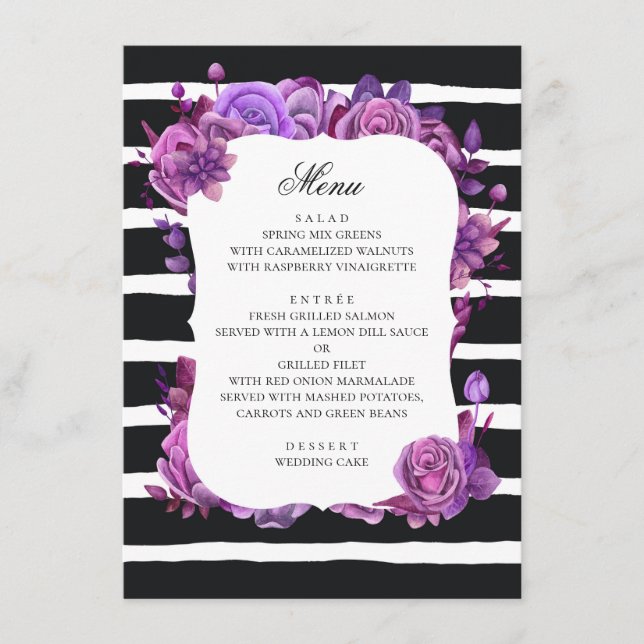 Lila und rosa Blume. Schwarz-Streifen-Hochzeit Menükarte (Vorderseite)