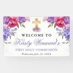 Lila und rosa Blumen 1. Heilige Kommunion Banner