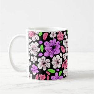 Lila und rosa Blumen und Blütenmuster Schwarz Kaffeetasse