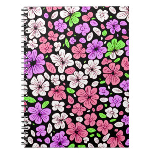 Lila und rosa Blumen und Blütenmuster Schwarz Notizblock