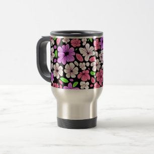 Lila und rosa Blumen und Blütenmuster Schwarz Reisebecher