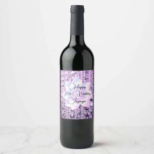 Lila und rosa Elegante Beaded Birthday Wine Labe Weinetikett (Vorderseite)