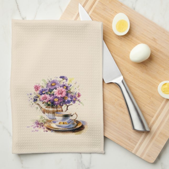 Lila und rosa Fall Bouquet Teezeremonie Set Geschirrtuch (Viertel Falte)