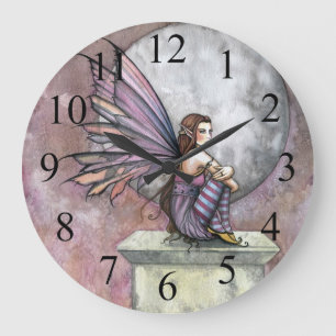 Lila und Rosa Fee und Mond Wanduhr