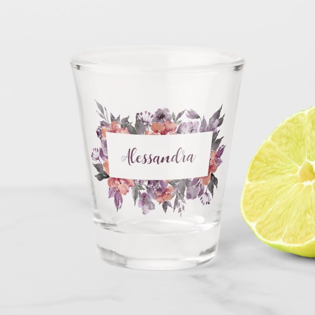 Lila und rosa, floraler rechteckiger Kranz Schnapsglas (Vorderseite)