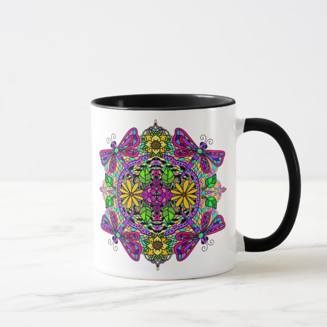 Lila und rosa Libelle und Blume Mandala Tasse (Rechts)