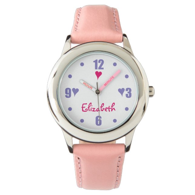 Lila und rosa mit Herz und Namen Armbanduhr (Vorderseite)