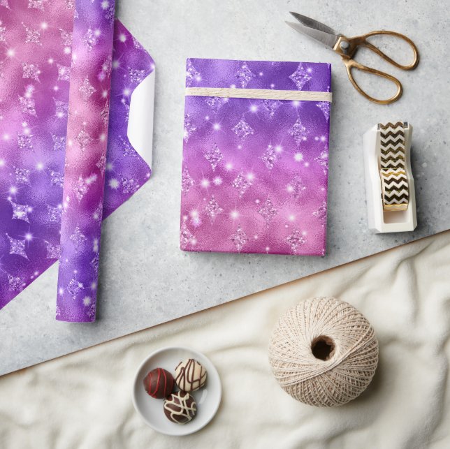 Lila und rosa Ombre Glitzer Celestial Muster Geschenkpapier (Kunsthandwerk)