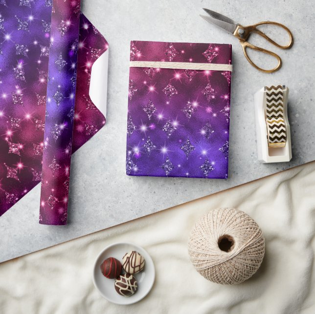 Lila und rosa Ombre Glitzer Celestial Muster Geschenkpapier (Kunsthandwerk)