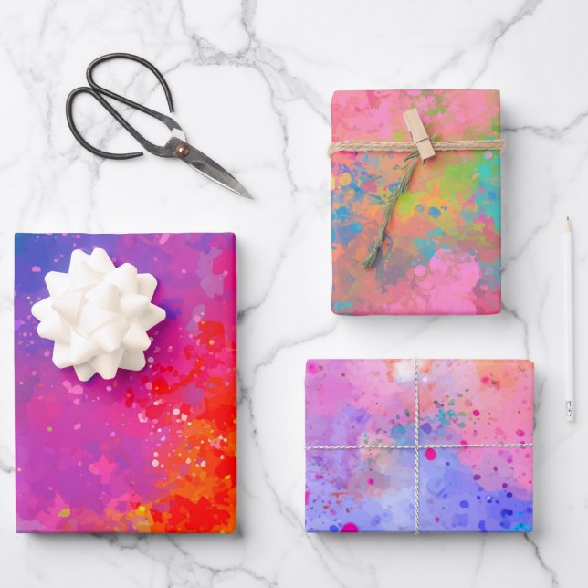 Lila und rosa Paint-Spritzer Geschenkpapier Set (Vorderseite)