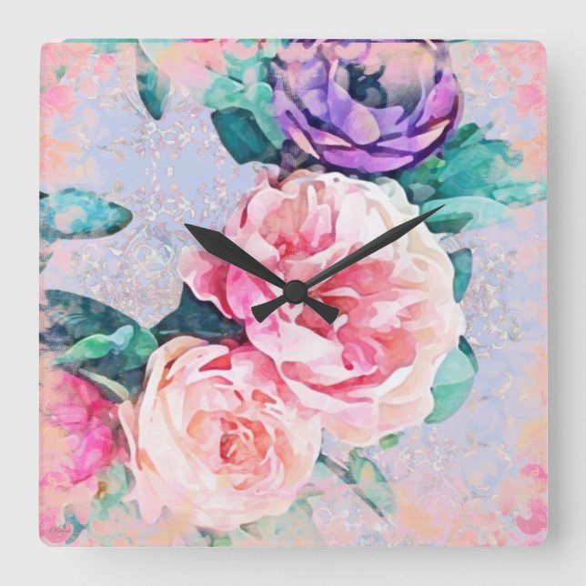 Lila und rosa Pfingstrosewreath-Wand-Uhr Quadratische Wanduhr (Vorderseite)