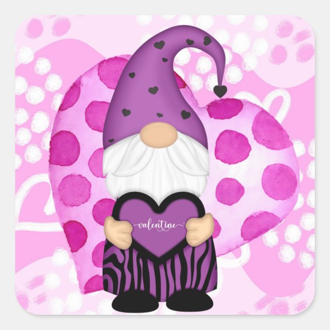 Lila und rosa Polka Dots Valentine Gnome Quadratischer Aufkleber (Vorderseite)