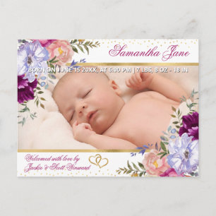 Lila und Rosa Sommerblumen Baby Geburt Ankündigungspostkarte
