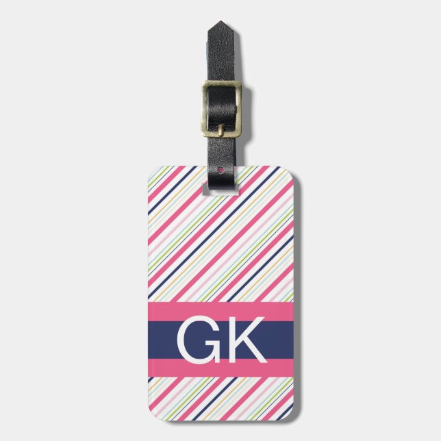 Lila und rosa Streifen-Monogramm-Gepäck-Umbau Gepäckanhänger (Vorderseite vertikal)