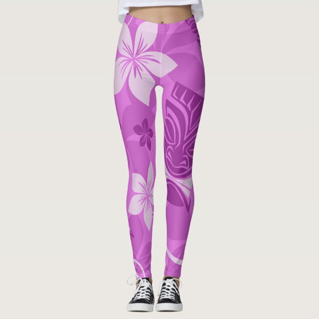 Lila und rosa Tiki Hawaiian Leggings (Vorderseite)