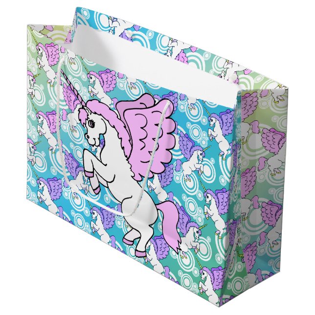 Lila und rosa Unicorn-Muster Große Geschenktüte (Vorderseite Schrägansicht)