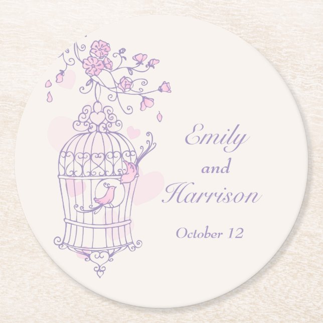 Lila und rosa Vögel öffnen Käfig Hochzeit Unterset Runder Pappuntersetzer (Vorderseite)