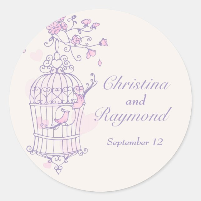 Lila und rosa Vögel öffnen Käfig Hochzeitsticker Runder Aufkleber (Vorderseite)