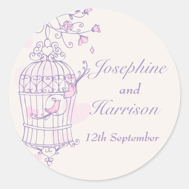 Lila und rosa Vögel öffnen Käfig Hochzeitsticker Runder Aufkleber (Vorderseite)