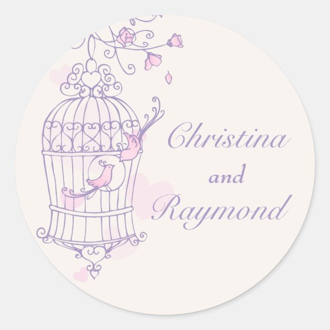 Lila und rosa Vögel öffnen Käfig Hochzeitsticker Runder Aufkleber (Vorderseite)