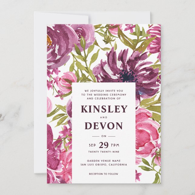 Lila und rosa Wasserfarbe Moderne Hochzeit Einladung (Vorderseite)