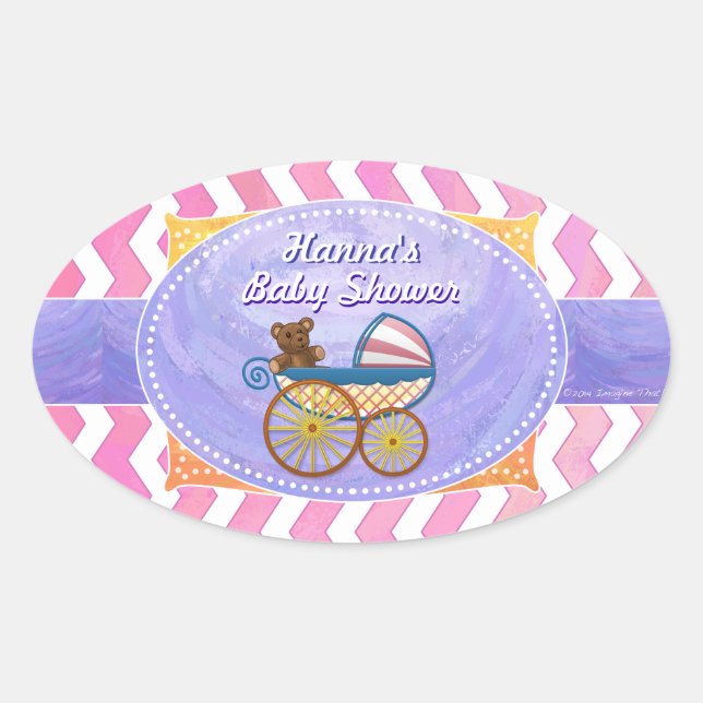 Lila und rosa Zickzack Babydusche Ovaler Aufkleber (Vorderseite)