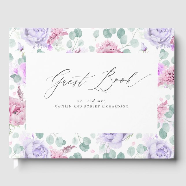Lila und rosafarbene Blütenhochzeit Gästebuch (Vorderseite)