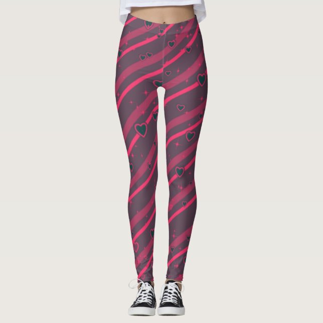 Lila- und rosafarbene Linien und Herzen Leggings (Vorderseite)