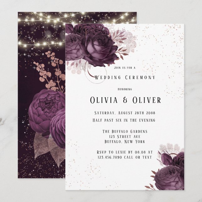 Lila und Rose Gold Peony Lights Glitzer Hochzeit Einladung (Vorne/Hinten)