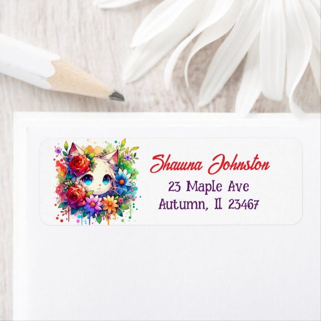 Lila und rote Anime-Katzen und Blume (Insitu)