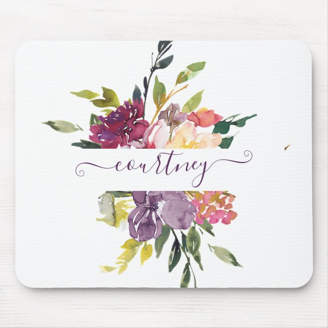 Lila und rote Aquarellblumen personalisiert Mousepad (Vorne)