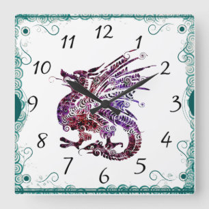 Lila und roter chinesischer Kunst-Drache-Uhr Quadratische Wanduhr