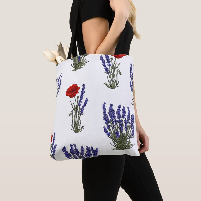 Lila und roter Mohn Botanisches Blumenmuster Tasche (Von Nahem)